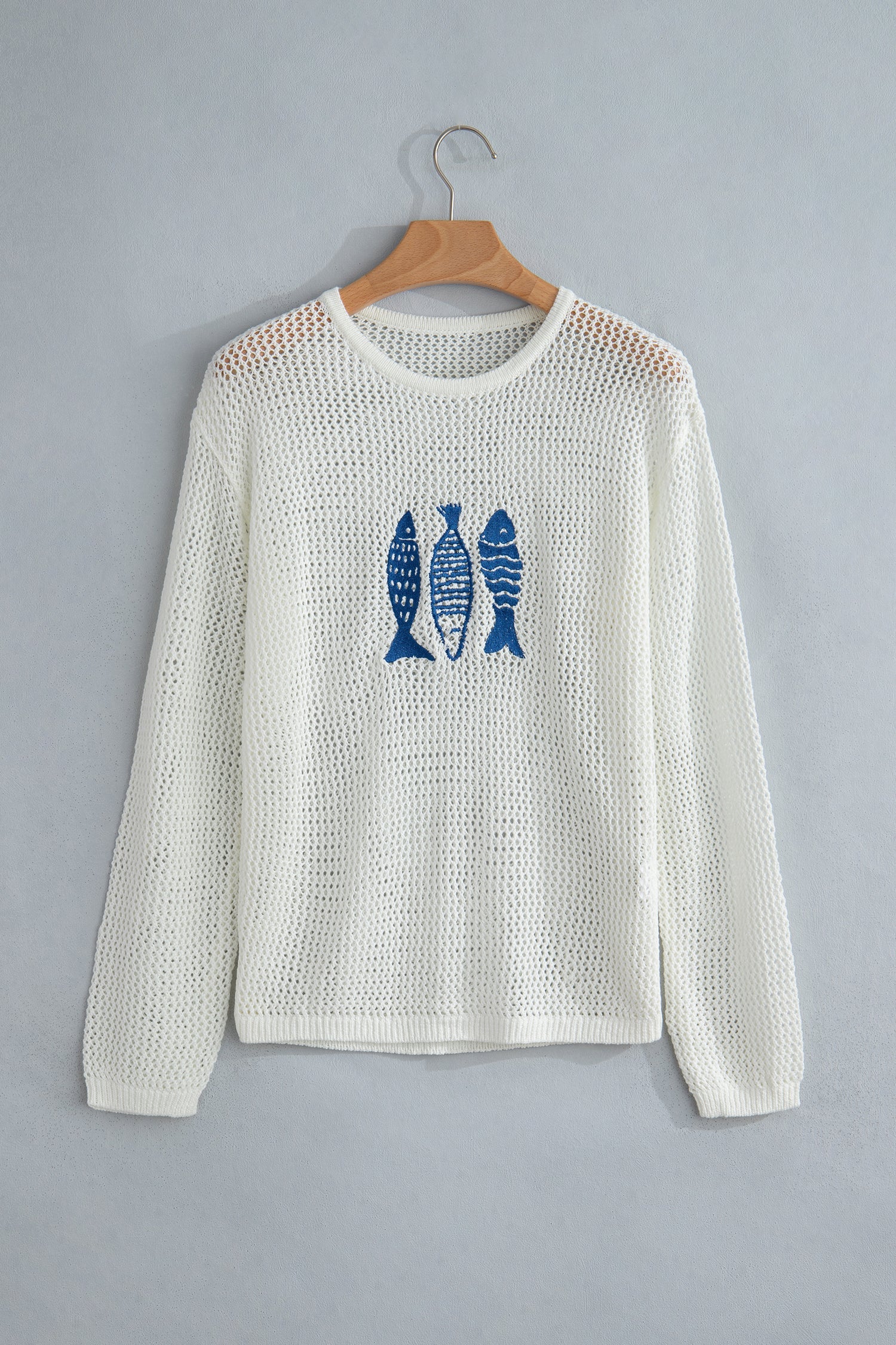 White Open Knit Fish Embroidered Casual Sweater