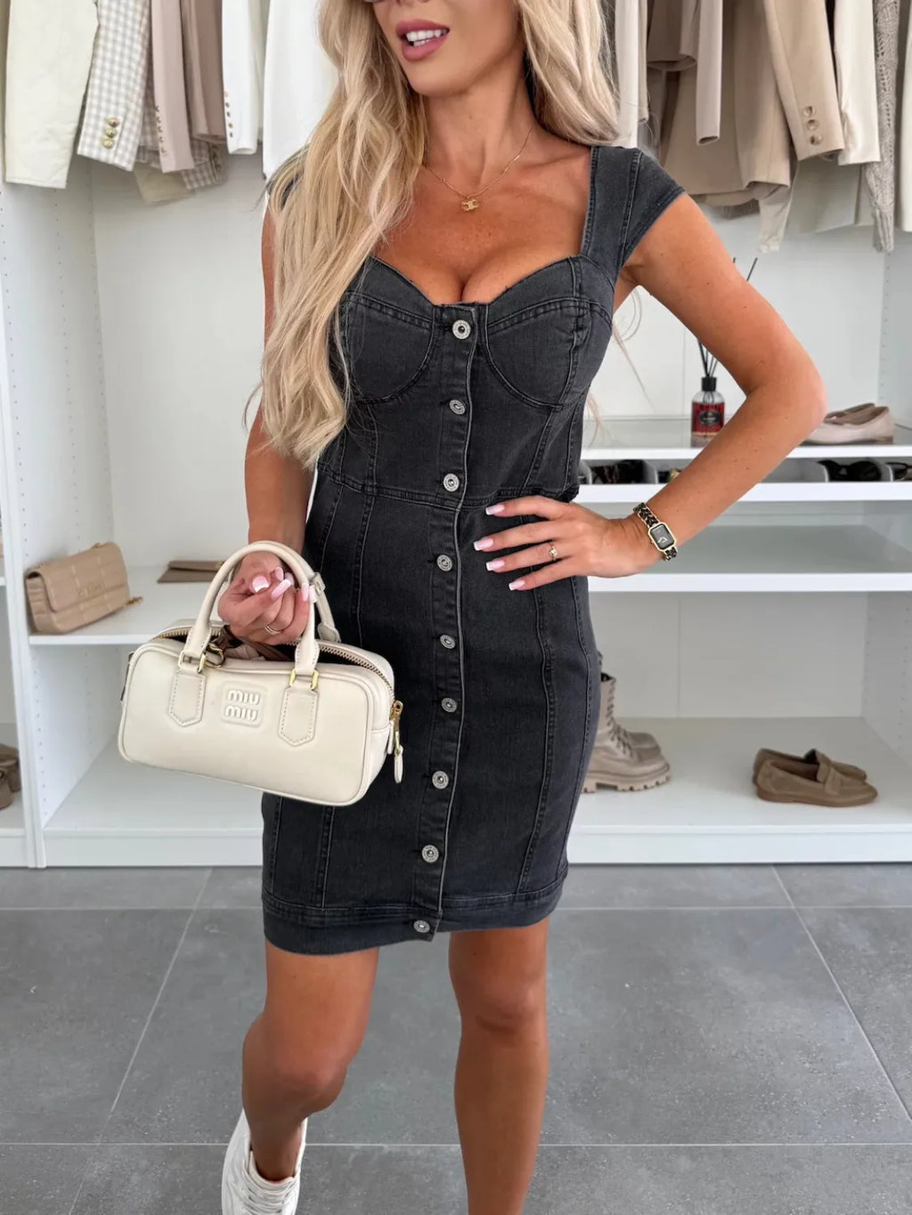Sweetheart Neck Cap Sleeve Denim Dress