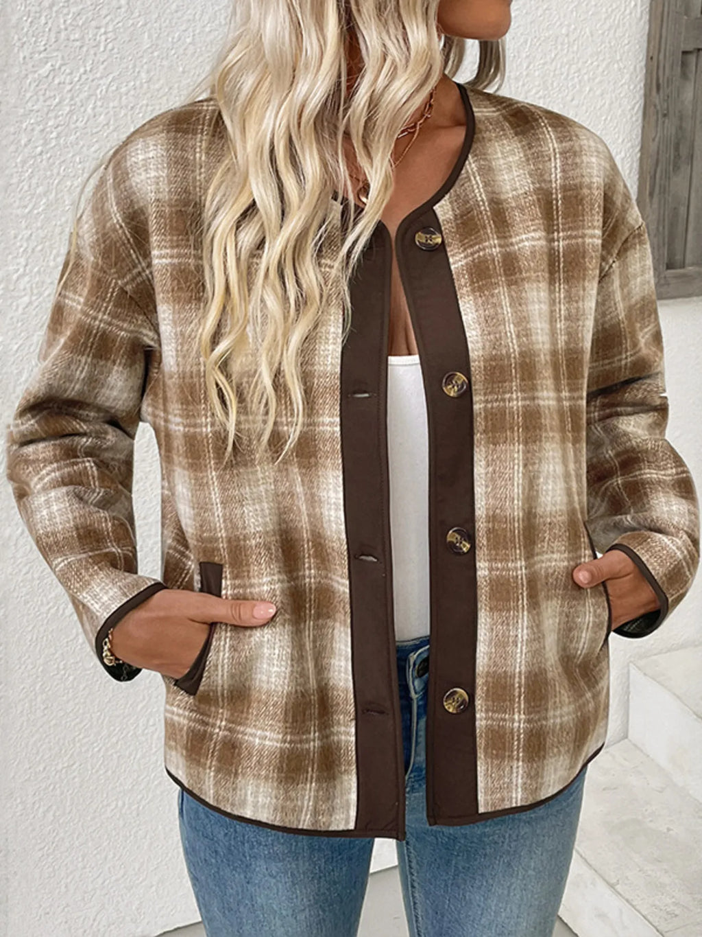 Unlined Plaid Button-Up Jacket with Chest Pockets