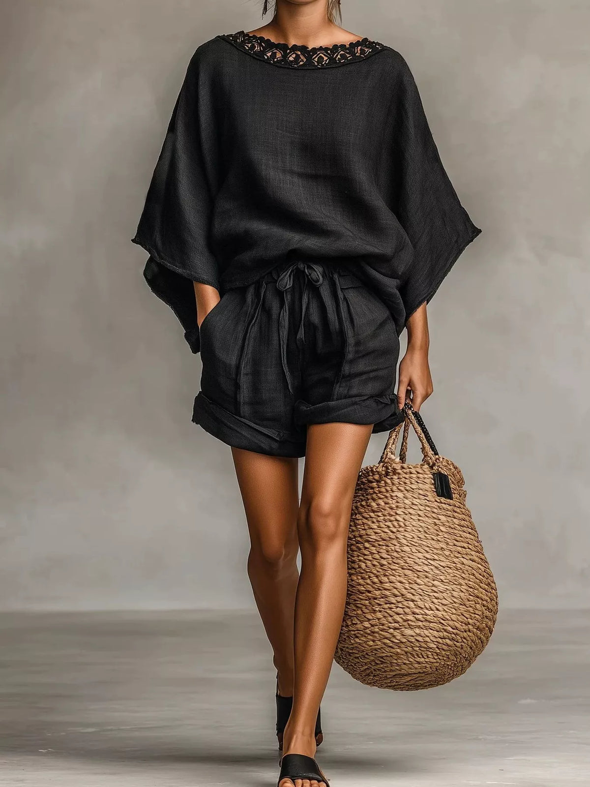 Lace Trim Top and Drawstring Shorts Set