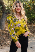 Yellow Vintage Floral V Neck Ruffle Trim Long Sleeve Blouse