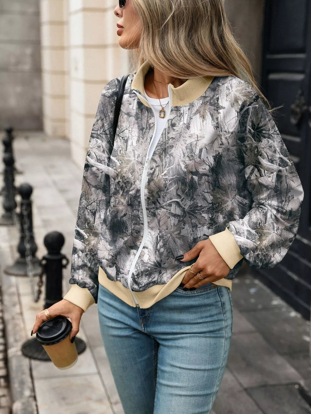 Printed Zip Up Long Sleeve Sweatshirt