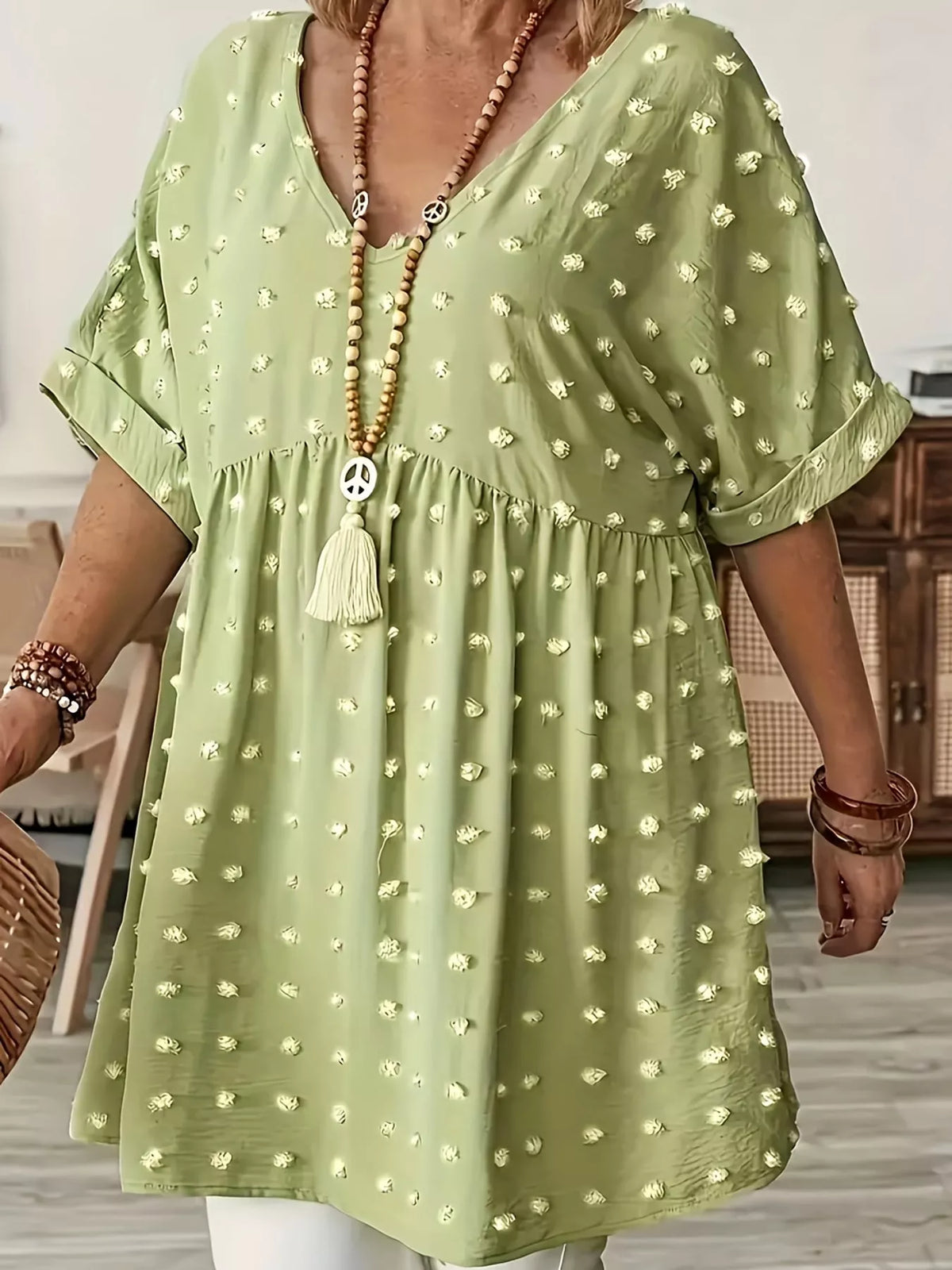 Plus Size Swiss Dot V-Neck Casual Blouse