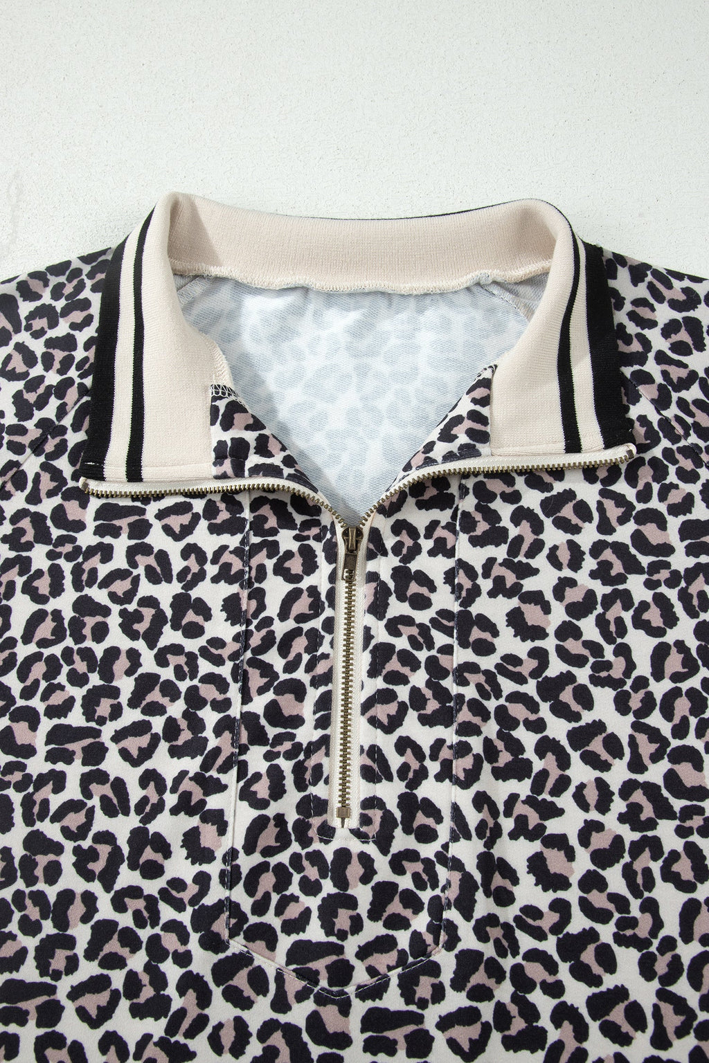 Brown Plus Size Leopard Print Striped Webbing Patchwork Half Zip Blouse