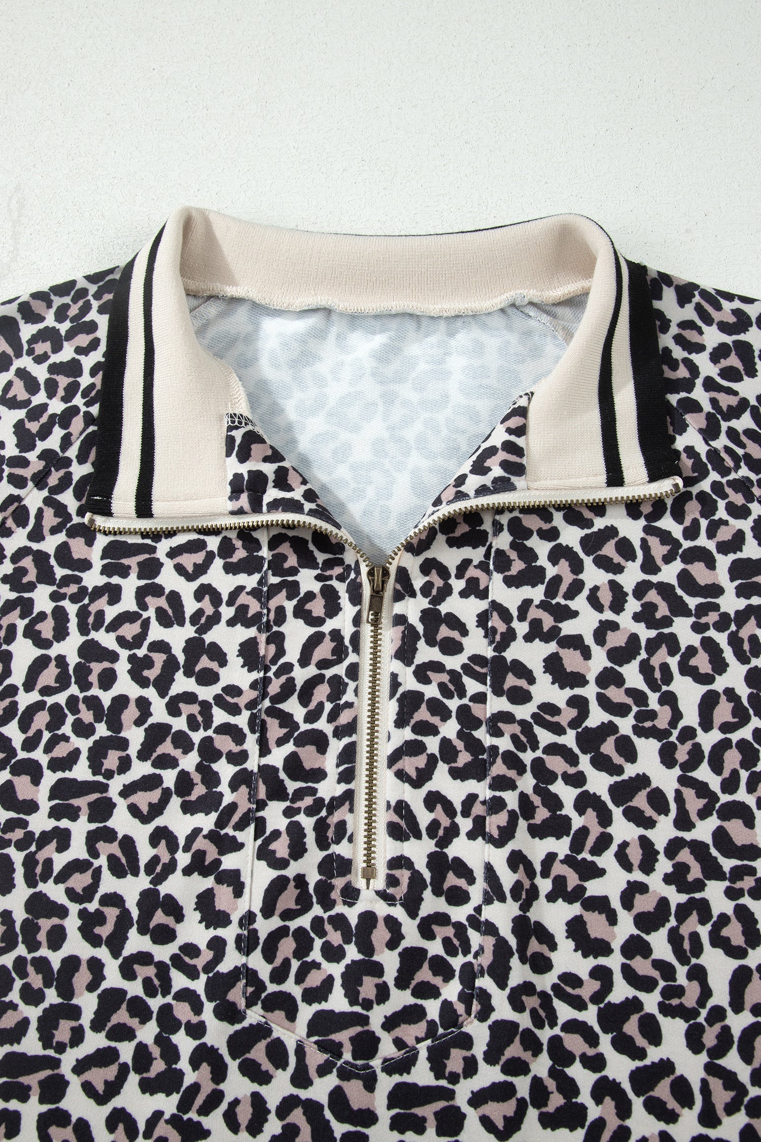 Brown Plus Size Leopard Print Striped Webbing Patchwork Half Zip Blouse