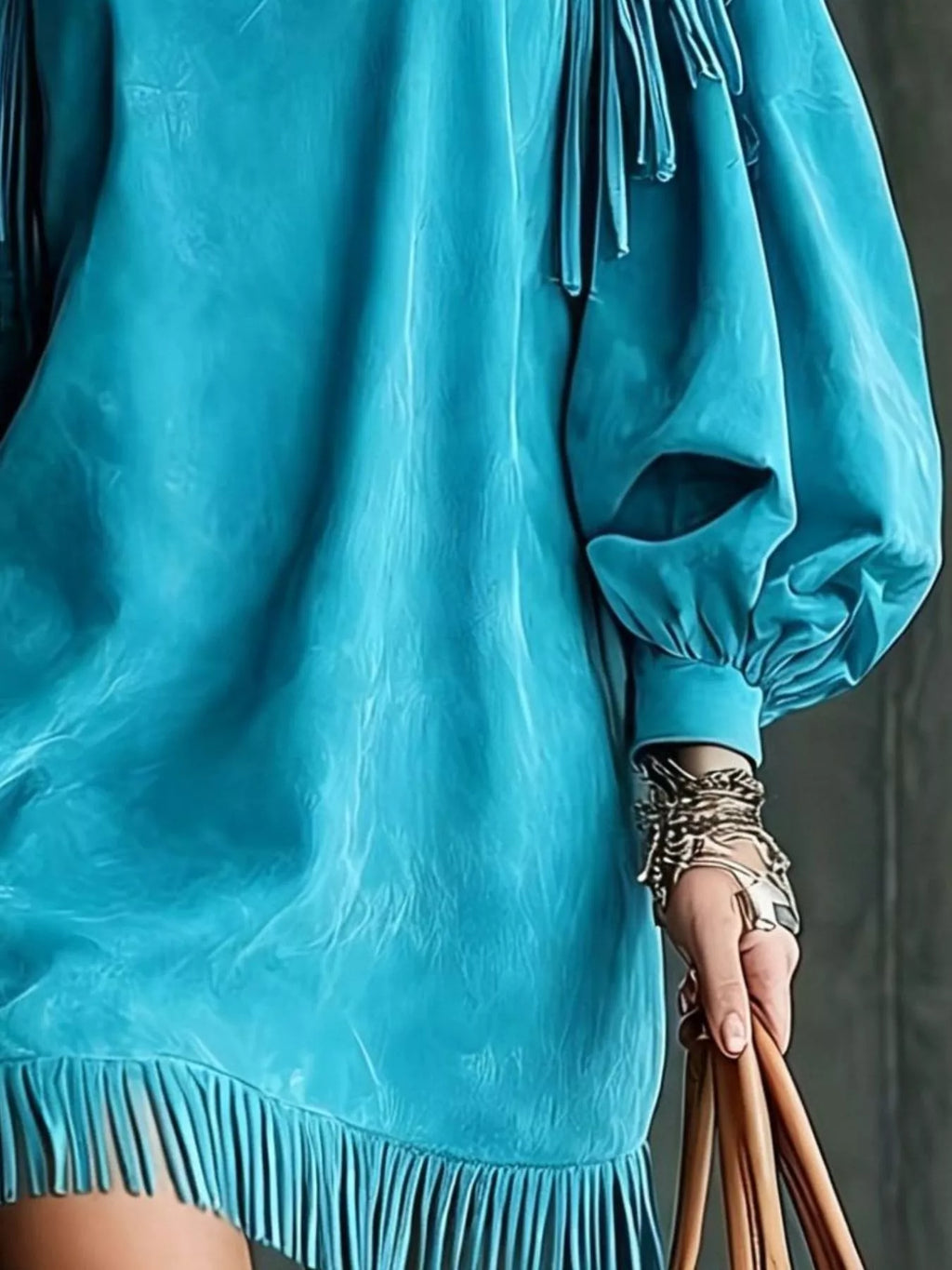 Fringe Detail Lantern Sleeve Mini Dress