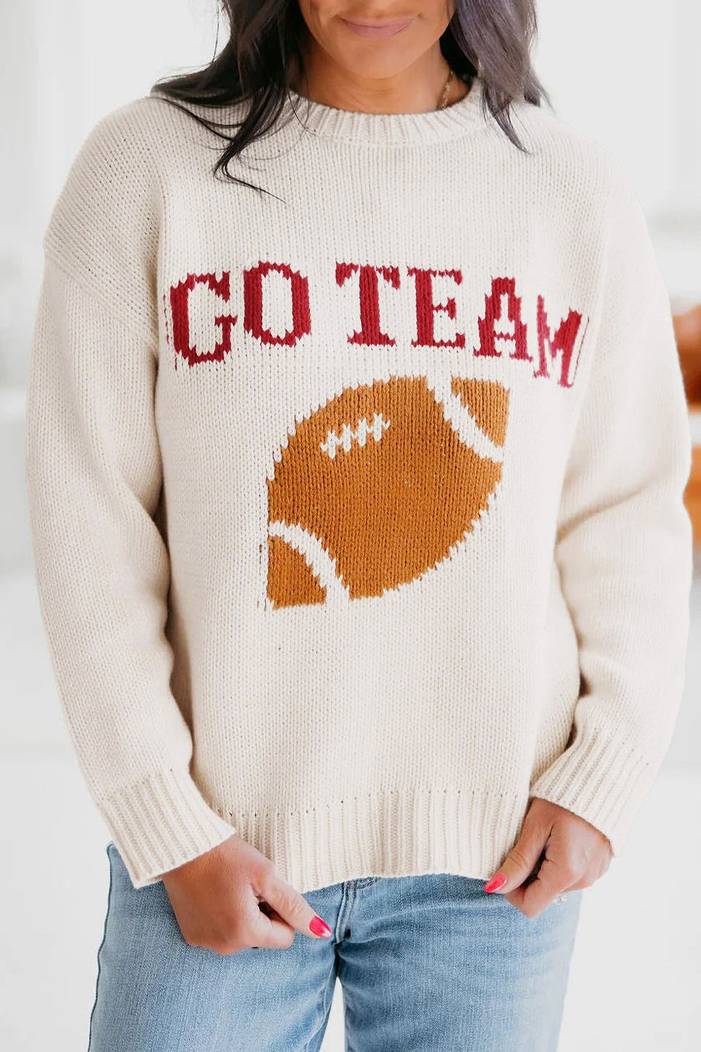 Beige Go Team Football Drop Shoulder Knit Top Sweater