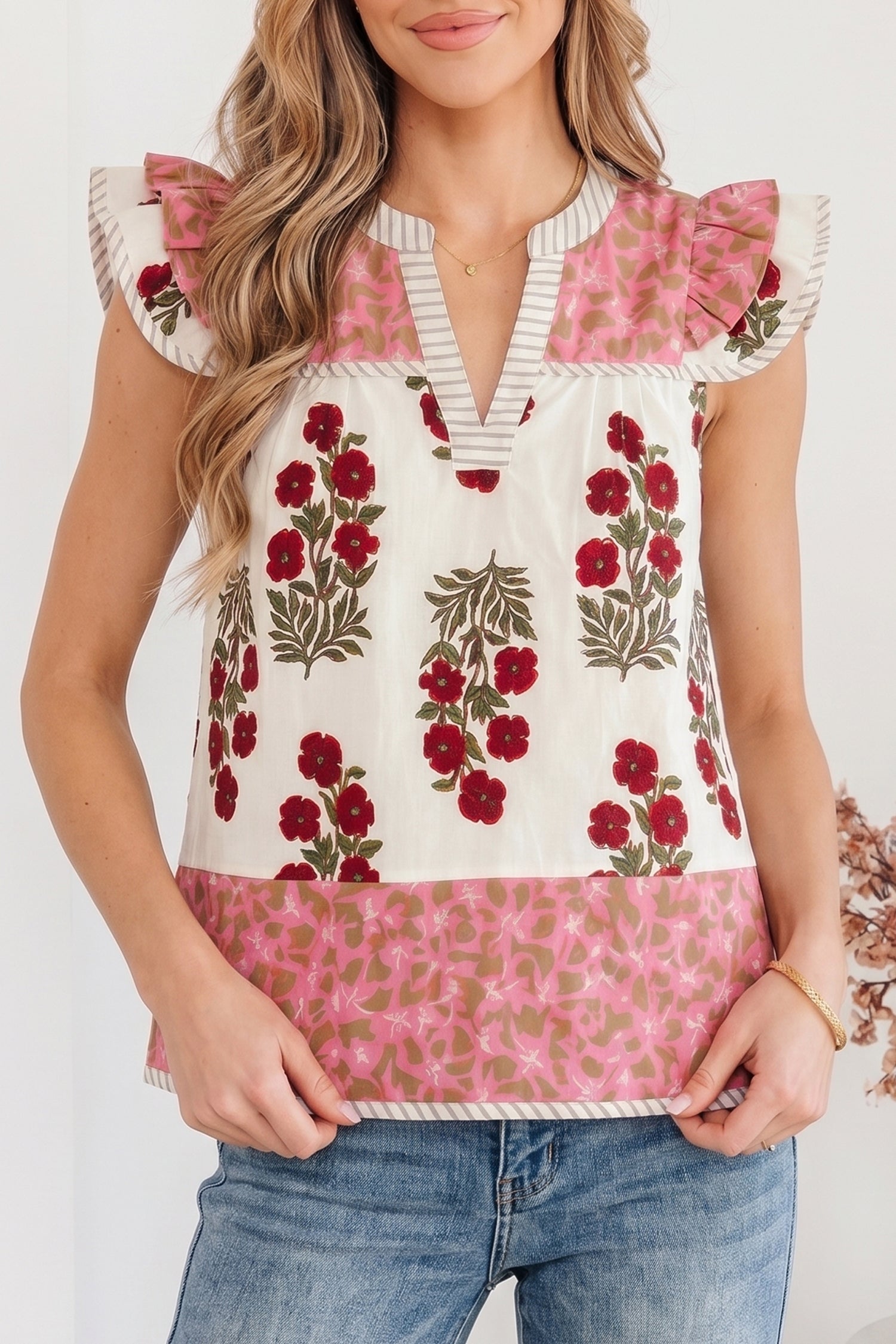 White Floral Print Contrast Striped Trim Flutter Cotton Blouse