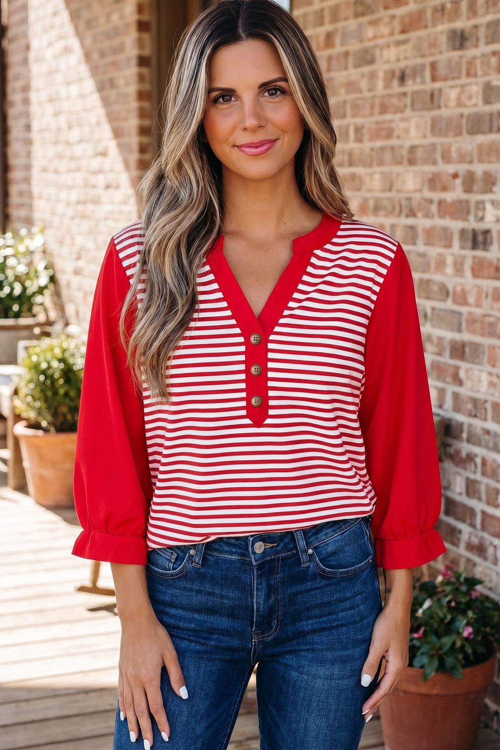 Red Stripe Half Placket V Neck Contrast 3/4 Sleeve Patchwork Top