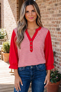 Red Stripe Half Placket V Neck Contrast 3/4 Sleeve Patchwork Top