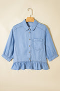 Denim Chambray Ruffle 3/4 Sleeve Buttoned Shirt