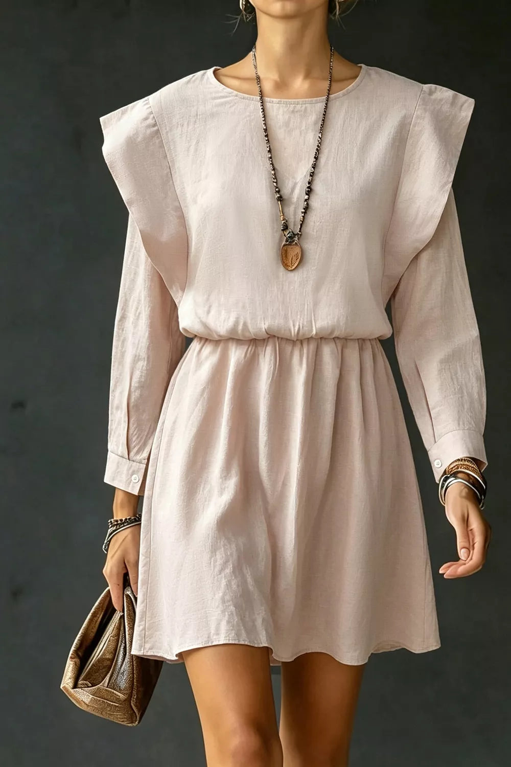 Ruffled Round Neck Long Sleeve Dress