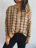 Plaid Zip-Up Cardigan with Gentle Stretch