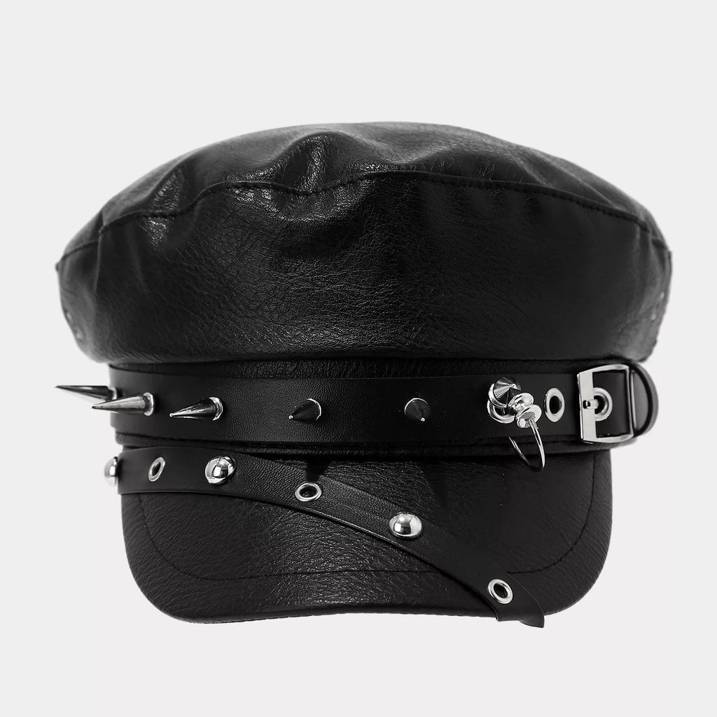Studded Embellished Faux Leather Hat