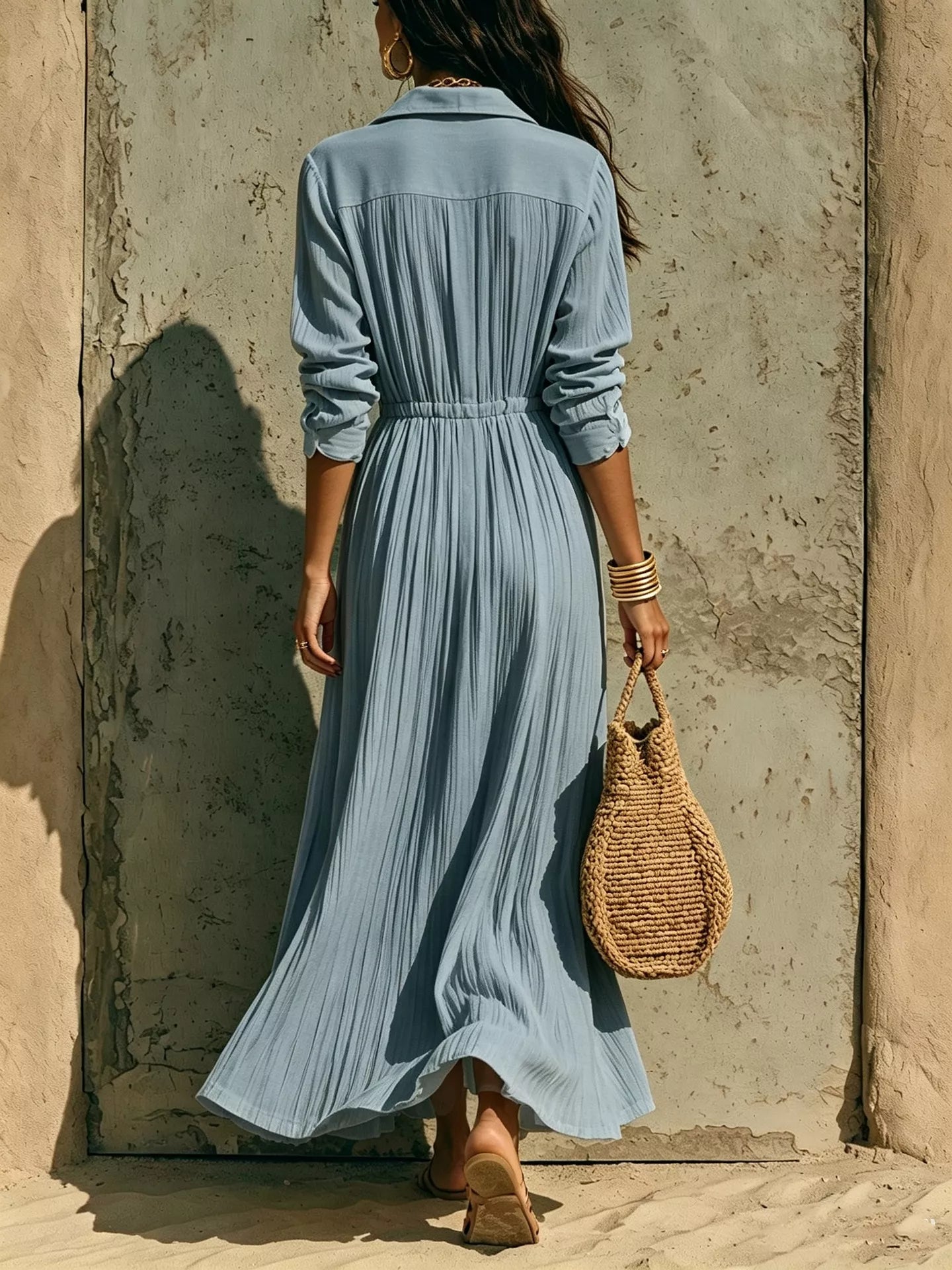 Full Size Textured Button Front Long Sleeve Maxi Dress Plus Size