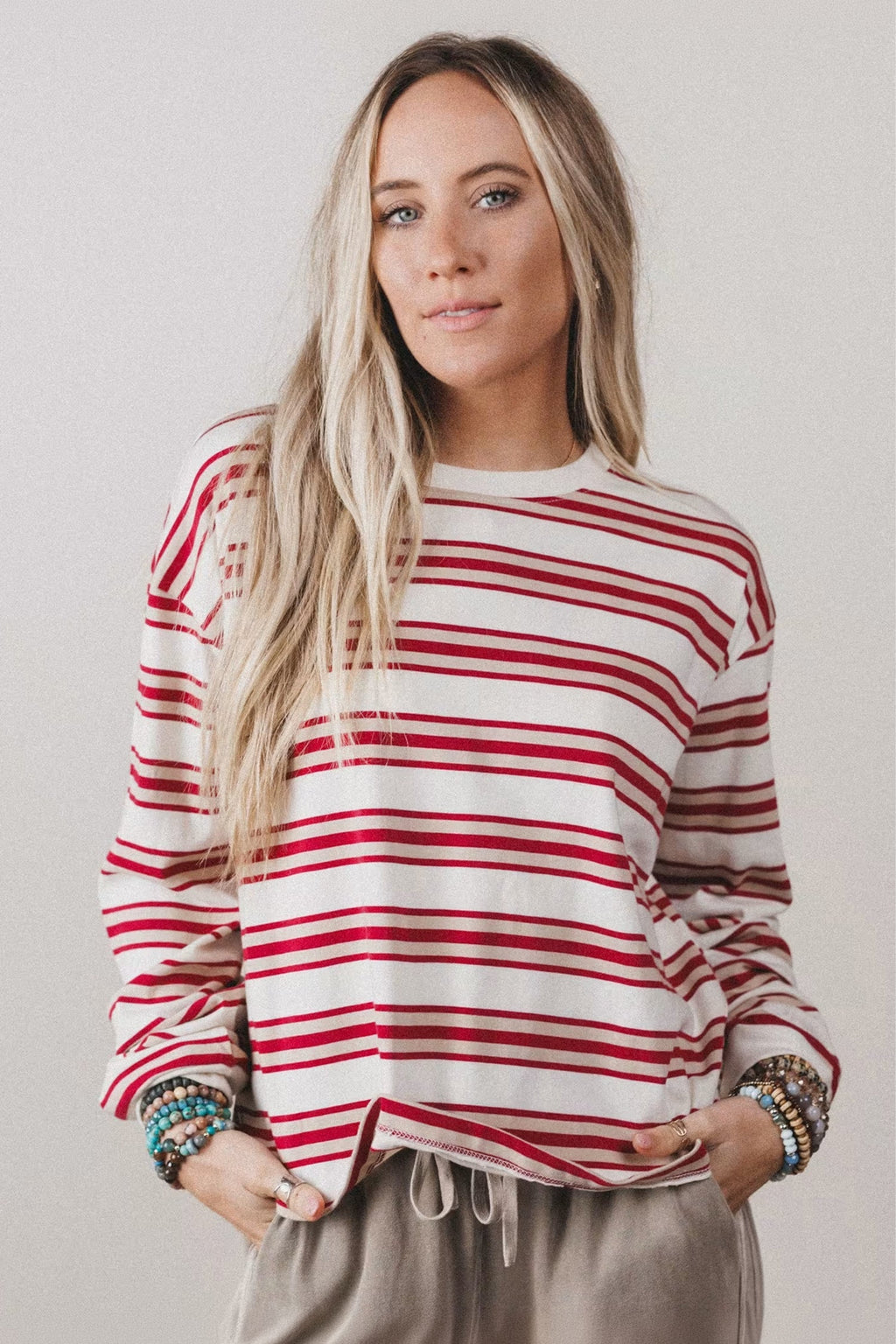 Red Stripe Dropped Shoulder Long Sleeve Casual Pullover Top