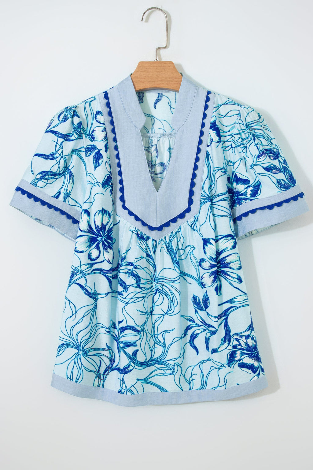 Sky Blue Ricrac Trim Slit V Neck Short Sleeve Floral Blouse