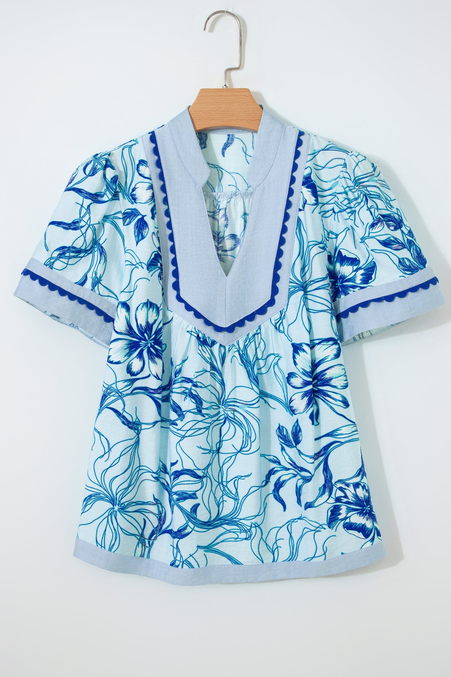 Sky Blue Ricrac Trim Slit V Neck Short Sleeve Floral Blouse