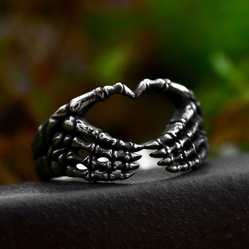 Stainless Steel Skull Hand Bone Heart Ring