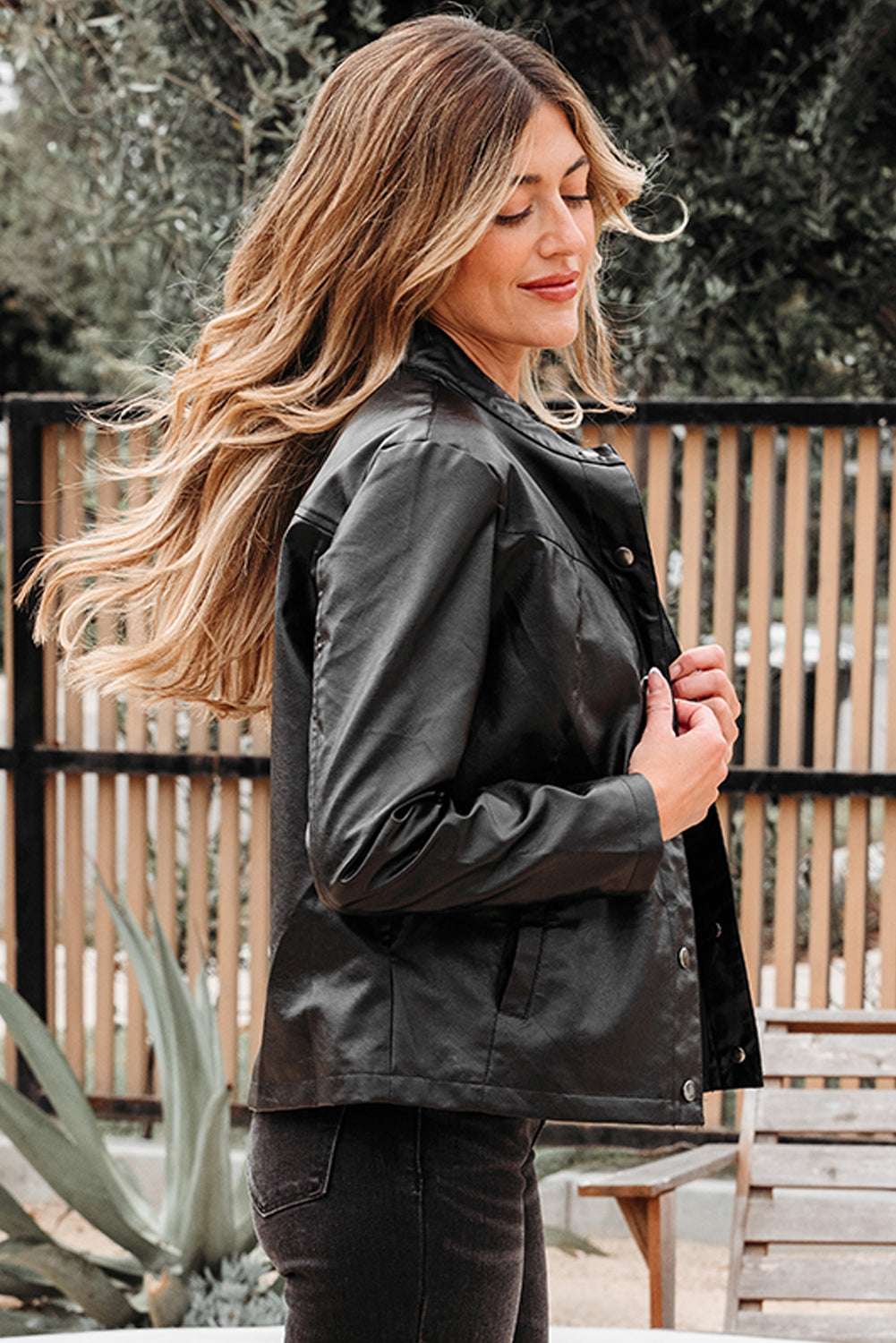 Faux Leather Button-Front Boxy Jacket