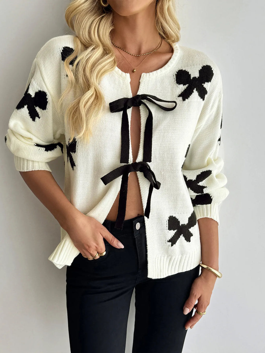 Bow Print Tie-Front Cardigan