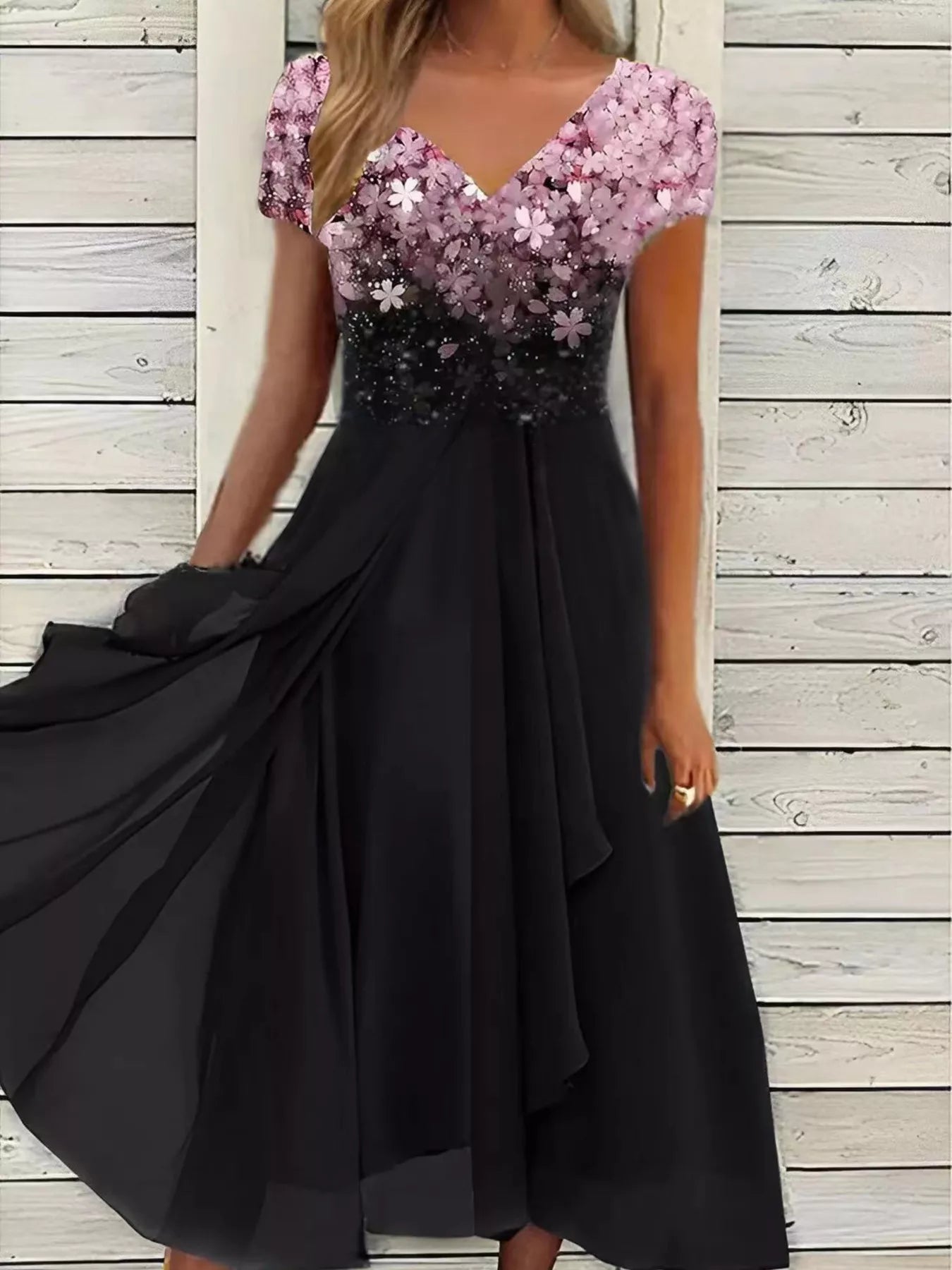 Elegant Full Size Floral V-Neck Midi Dress Plus Size