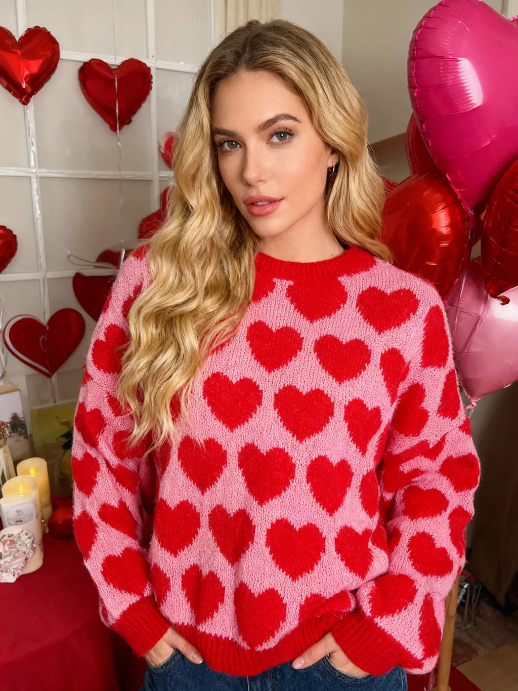 Heart Pattern Dropped Shoulder Sweater