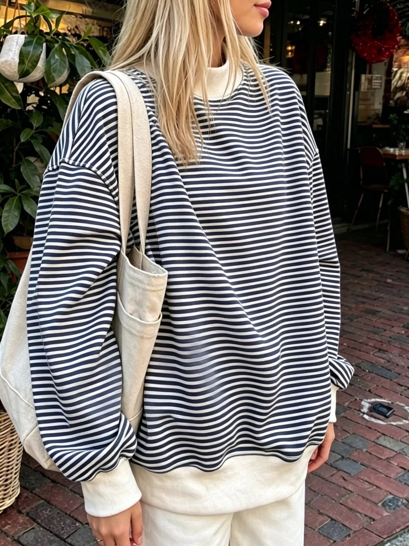 Oversized Striped Crew Neck Sweatshirt