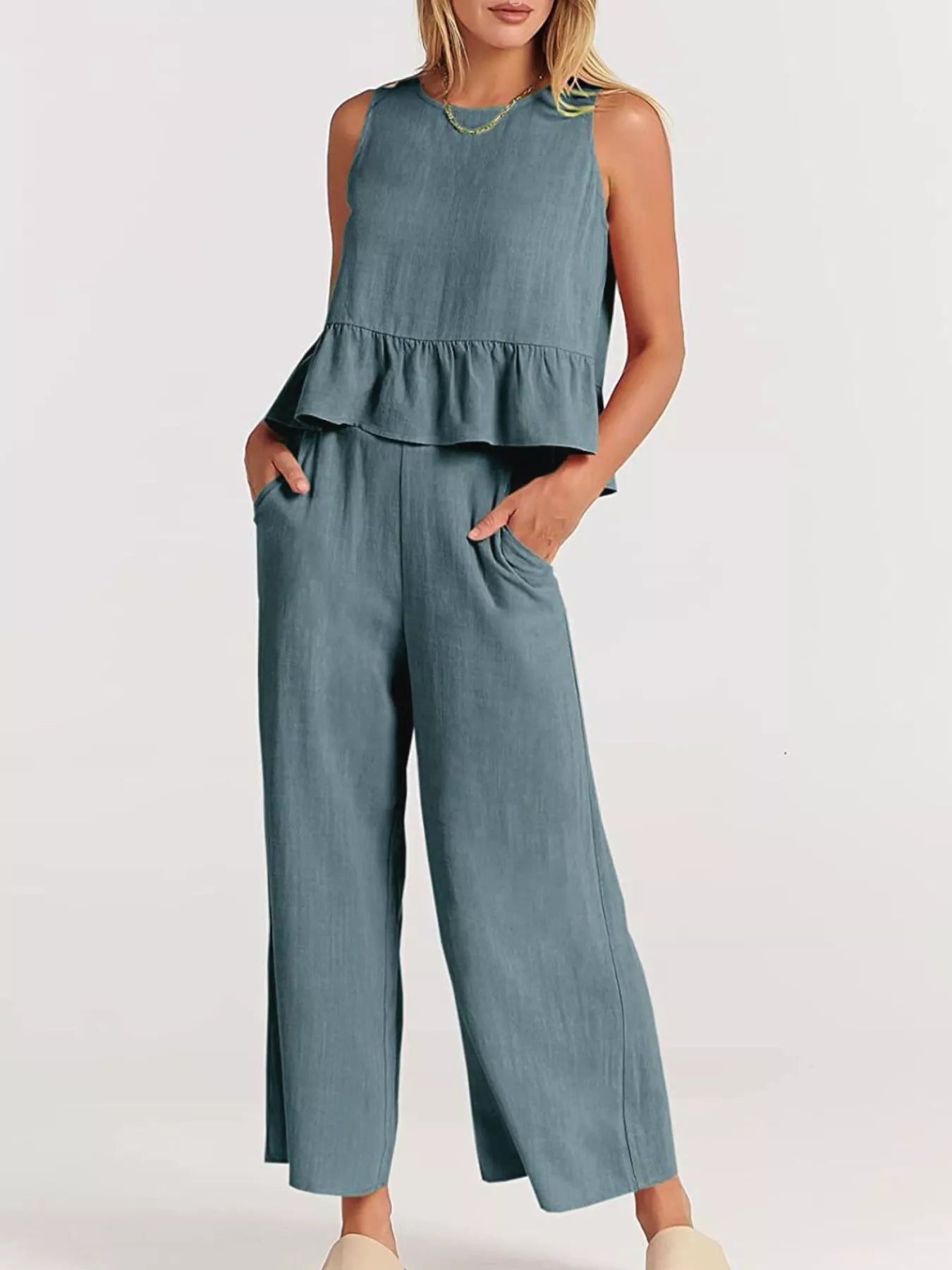 Full Size Ruffled Hem Sleeveless Top and Wide-Leg Pants Set Plus Size
