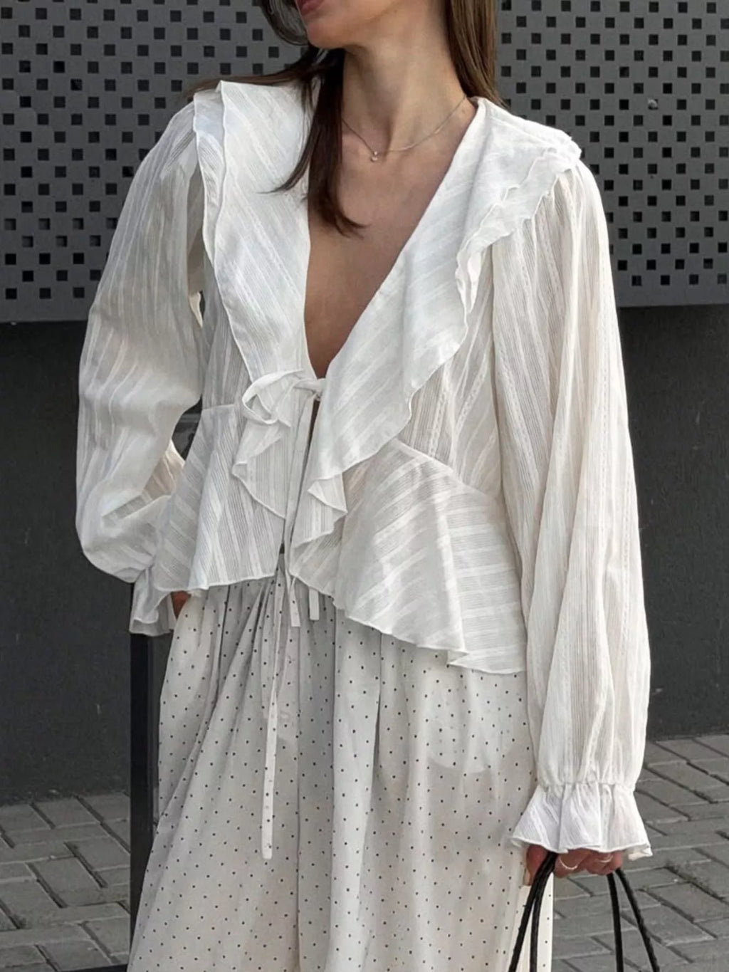 Ruffled Striped Flounce Sleeve Blouse