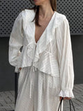 Ruffled Striped Flounce Sleeve Blouse