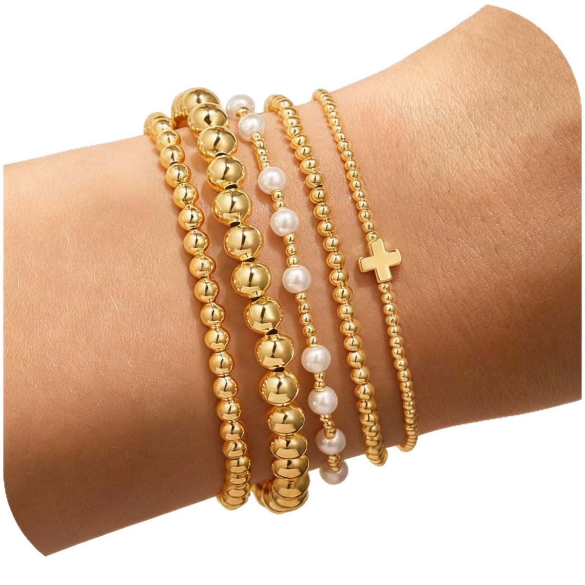 Gold Beaded Multi-layer Cross Bracelet