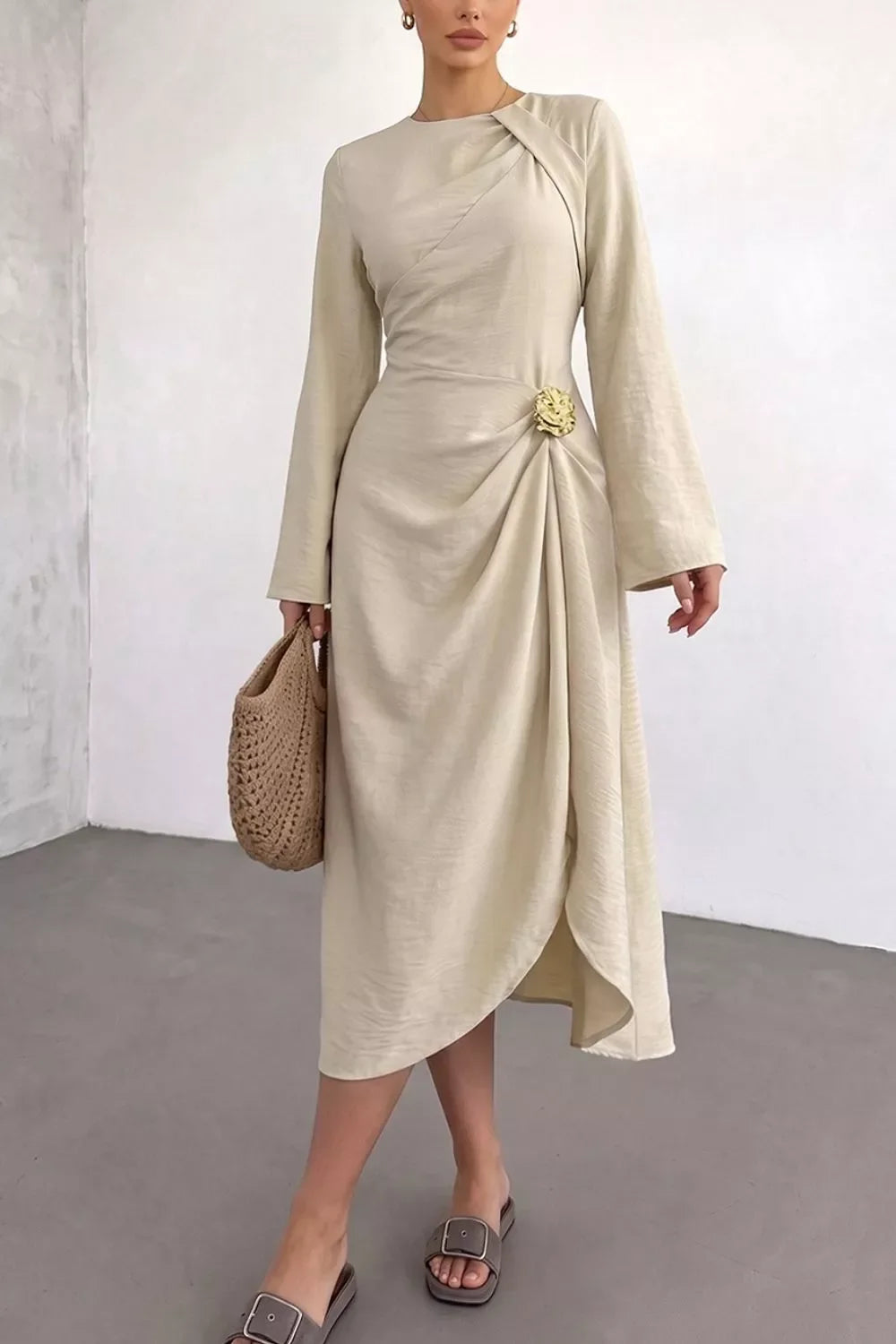 Ruched Long Sleeve Midi Dress