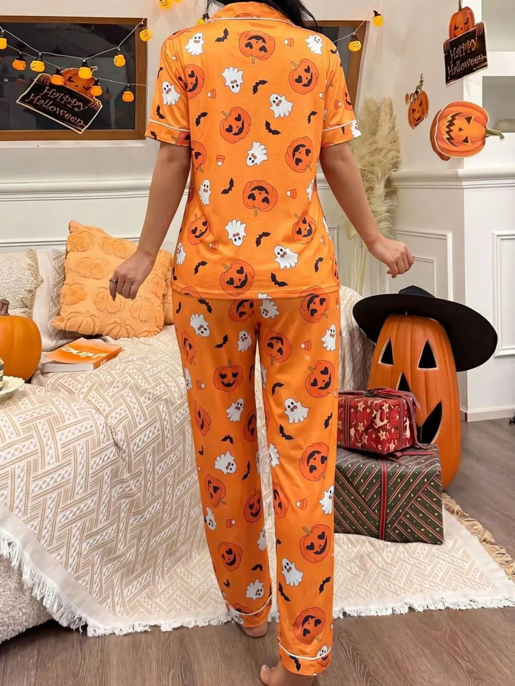 Halloween Pumpkin Print Button-Down Top and Pants Set