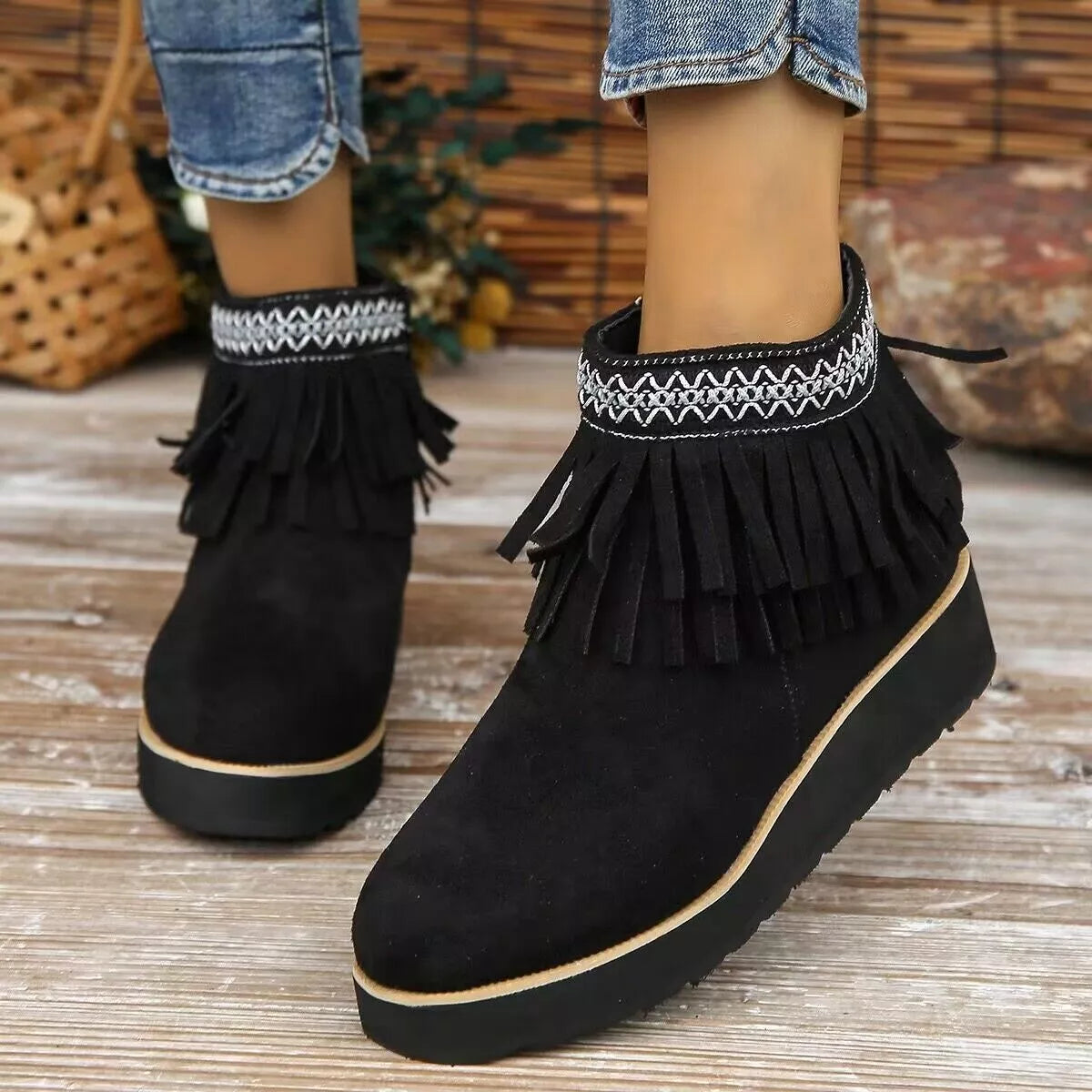 Fringe Round Toe Ankle Boots