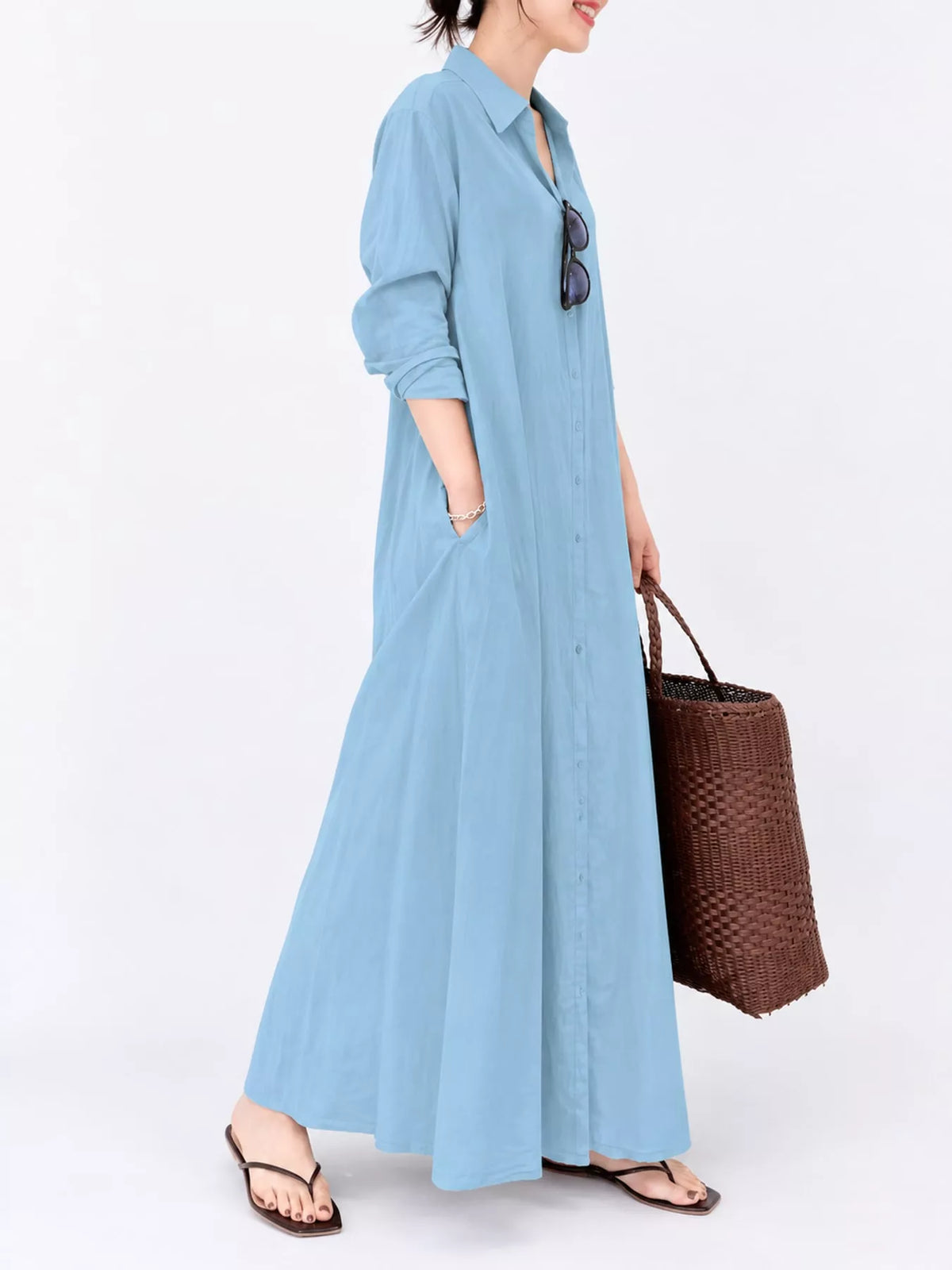 Full Size Button Front Long Sleeve Maxi Shirt Dress Plus Size