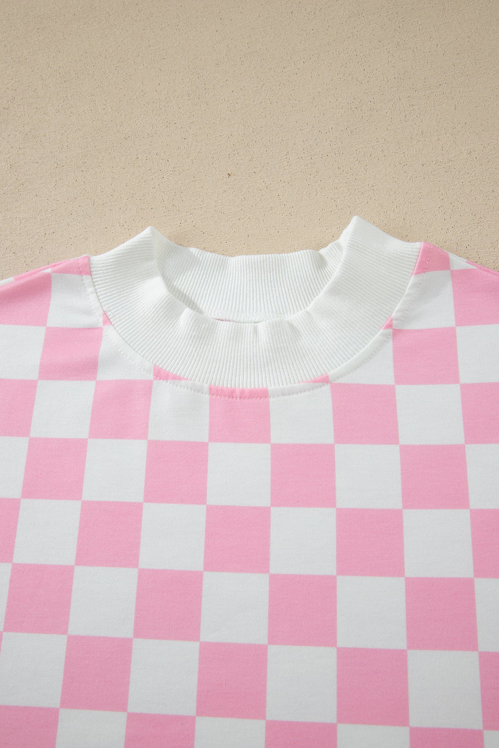 Pink Checkered Print Color Block Trim Mock Neck Short Set