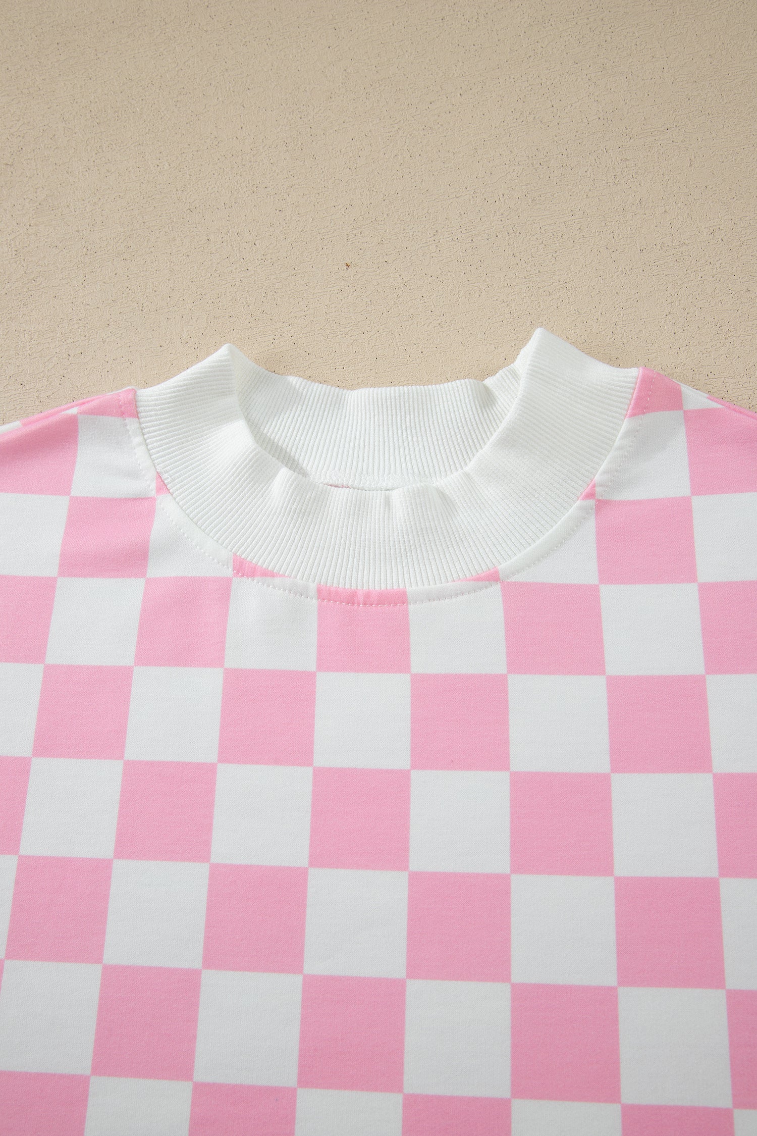 Pink Checkered Print Color Block Trim Mock Neck Short Set