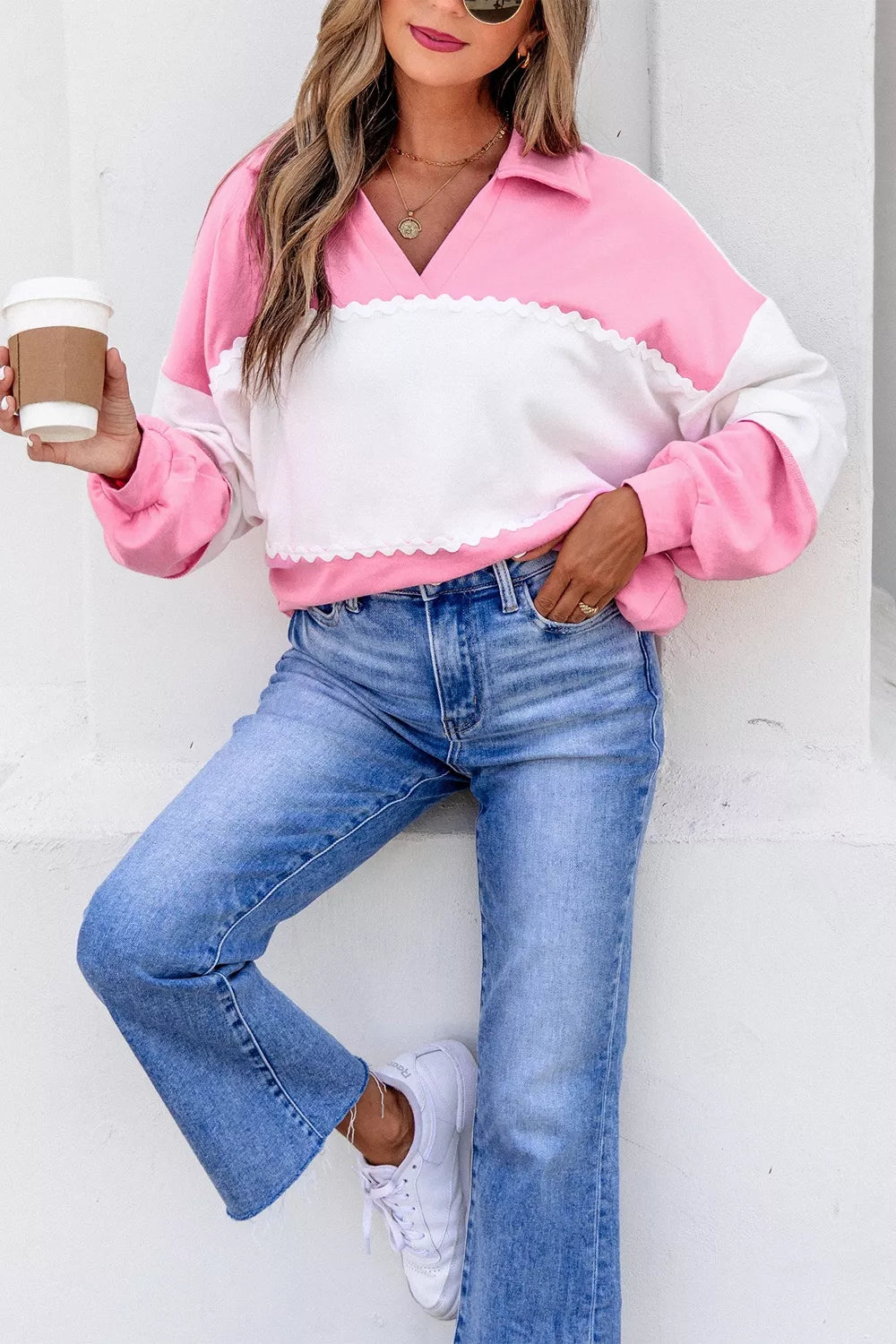Color Block Ricrac Trim Patchwork Collar V Neck Long Sleeve Top