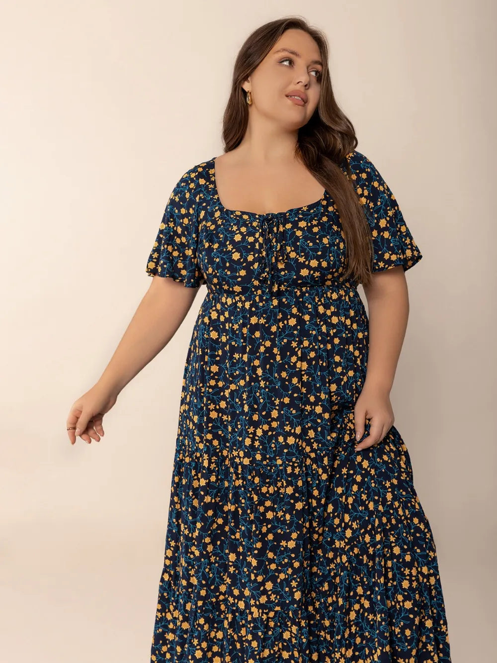 Printed Short Sleeve Slit Tiered Maxi Dress