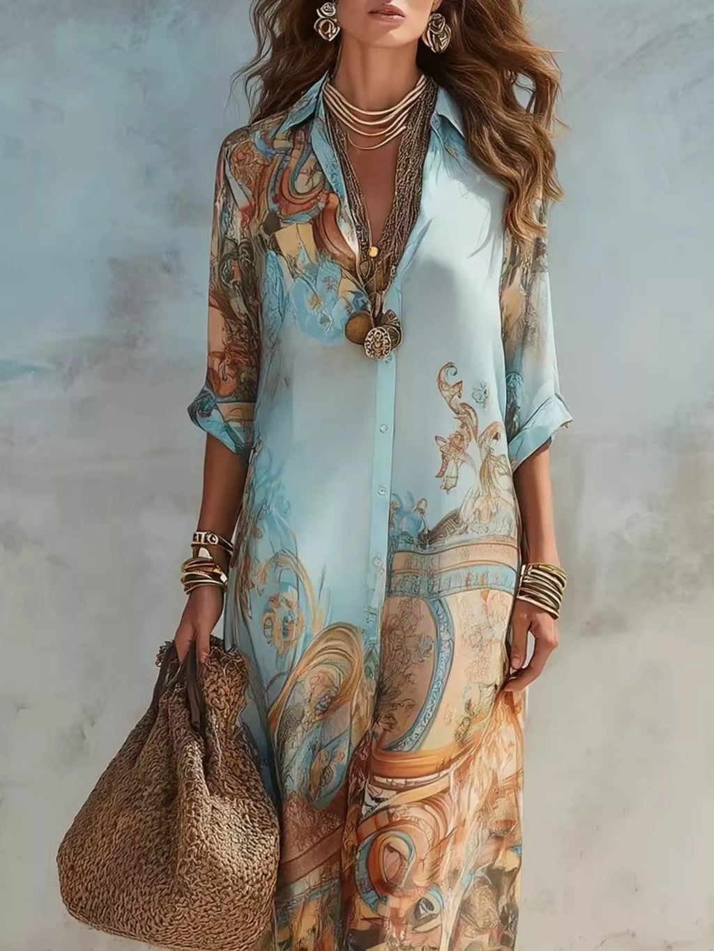 Full Size Printed Button Down Roll-Up Sleeve Shirt Maxi Dress Plus Size