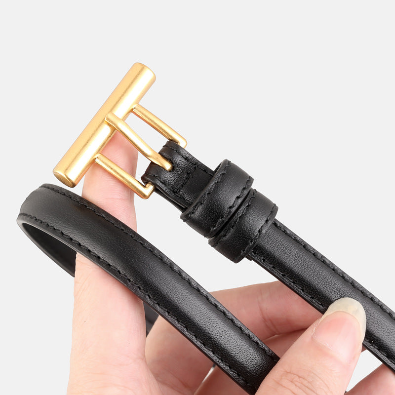 Leather Belt with Golden T-Buckle