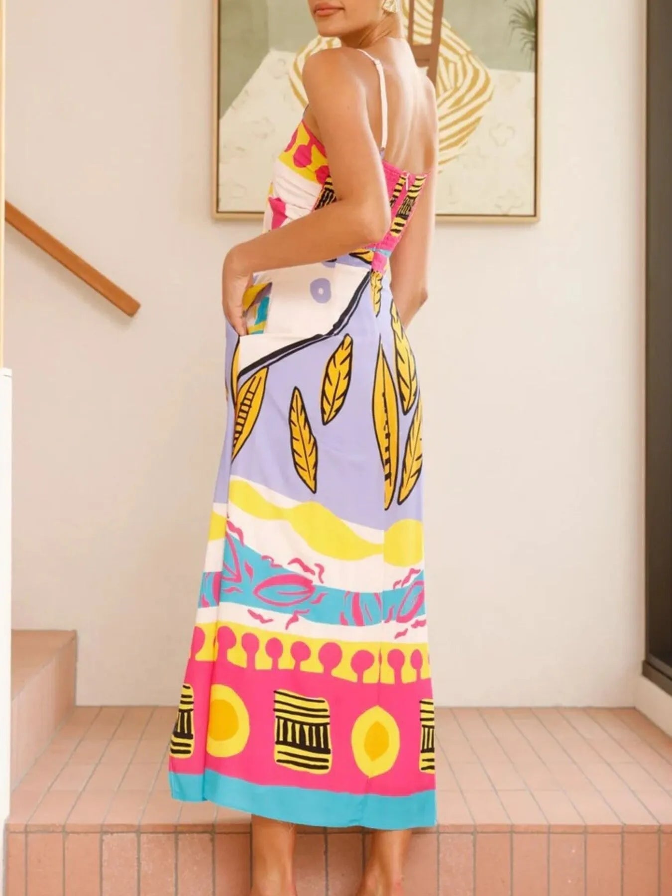 Tied Front Printed Slit Maxi Cami Dress