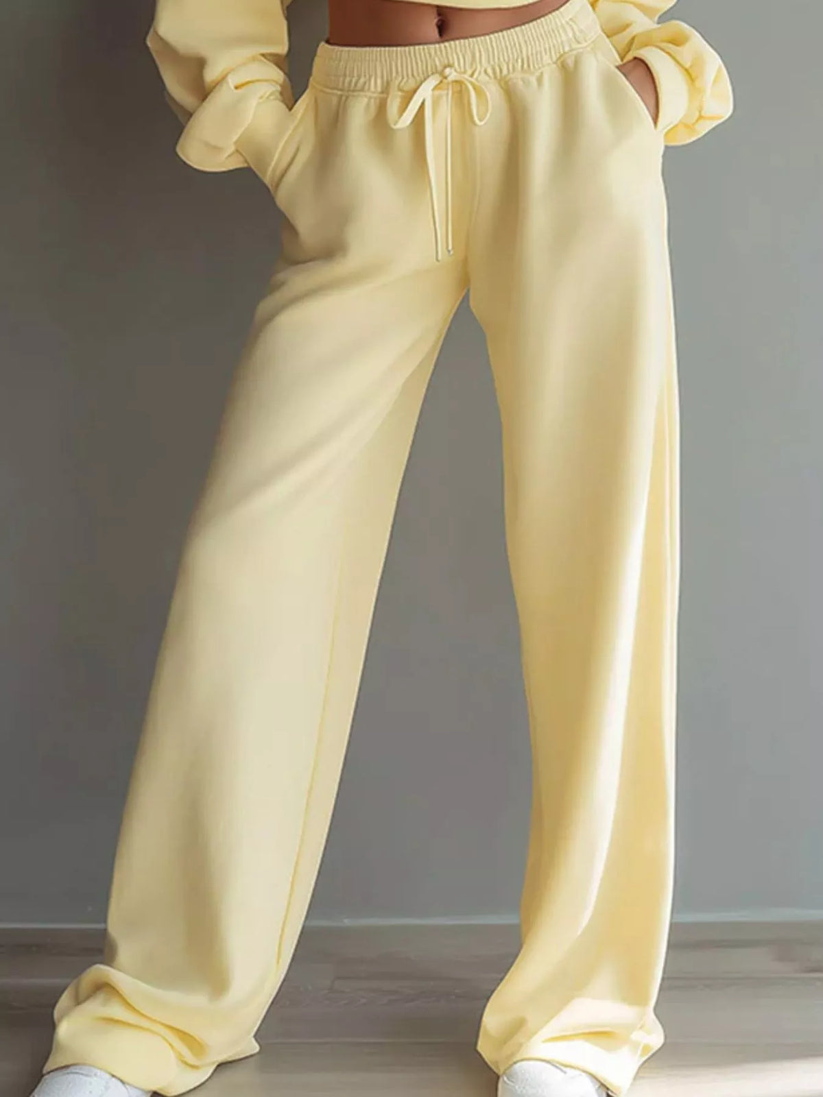 Round Neck Cropped Sweatshirt and Wide-Leg Pants
