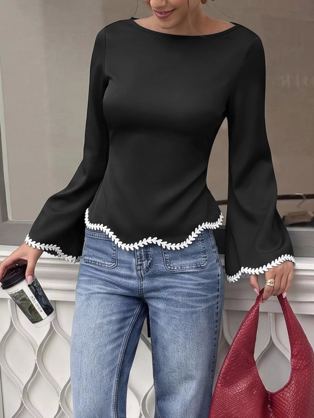 Contrast Trim Flare Sleeve Blouse
