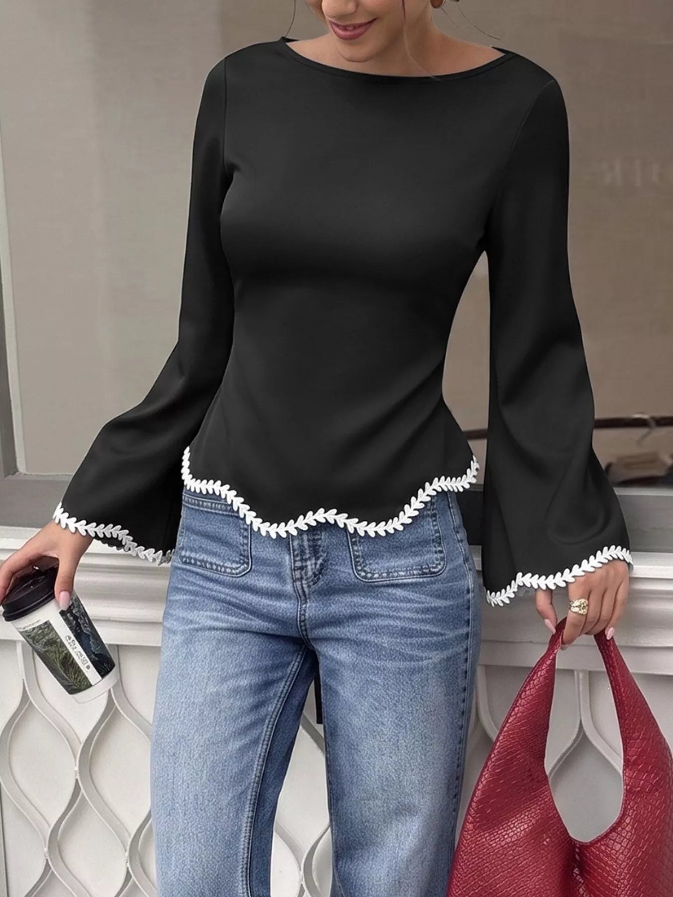 Contrast Trim Flare Sleeve Blouse