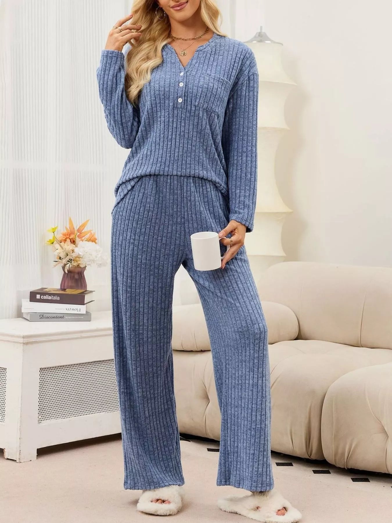 Ribbed Knit Top and Wide-Leg Pants Set