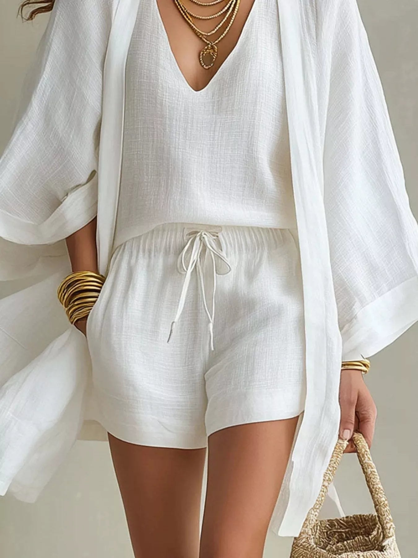 Full Size Elegant Tank and Drawstring Shorts with Cardigan 3-Piece Set Plus Size
