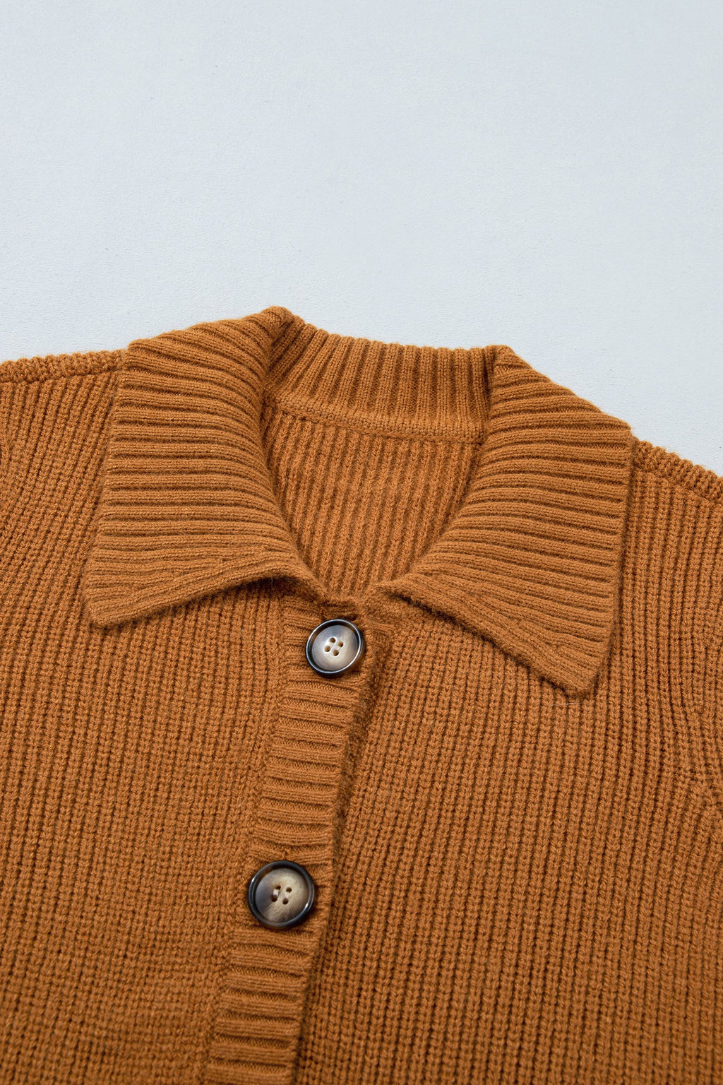 Mustard Ribbed Knit Collar Button Front Long Sleeve Cardigan