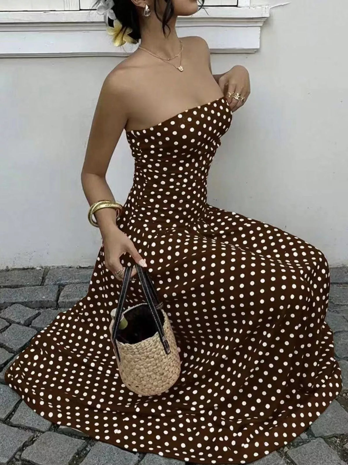 Strapless Polka Dot Ruched Maxi Dress